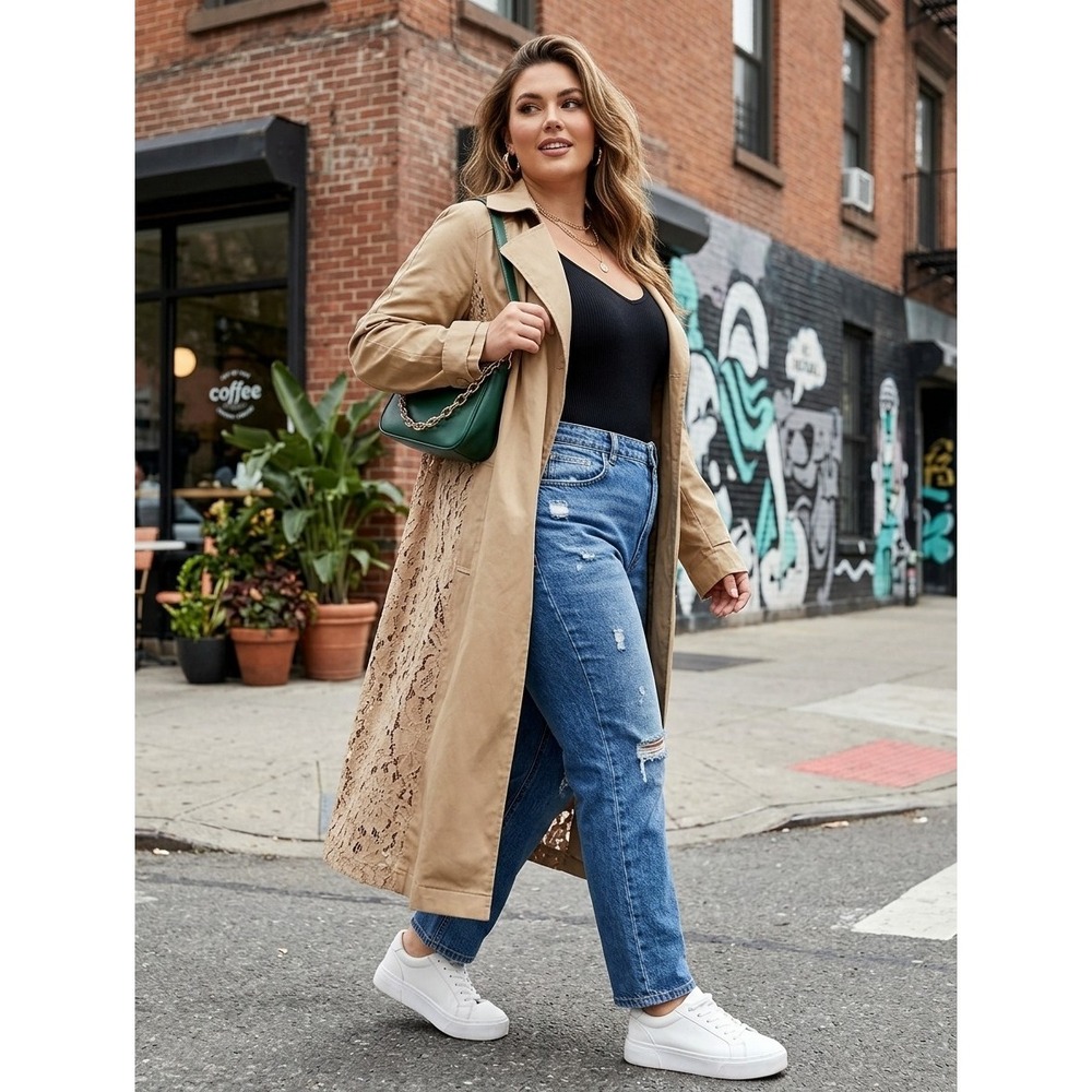 INC Concepts Womens Plus Size Lace Back Trench Coat Beige 1X Duster Long Jacket